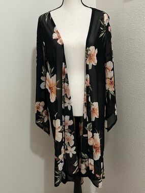 Sirenlily Maternity Floral Sheer Mesh Duster Kimono Cardigan Cover Up L Boho